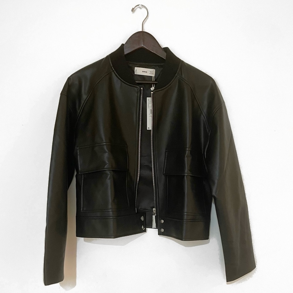 Mango Black Faux Leather Bomber Jacket